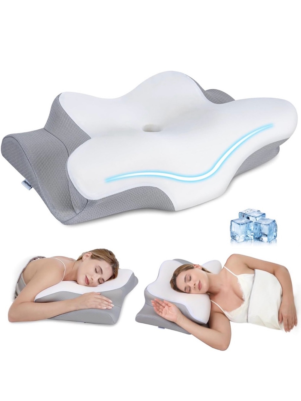 New Cervical Neck Pillow,Memory Foam,Ergonomic,Pain Relief,Silk Ice Cover,White